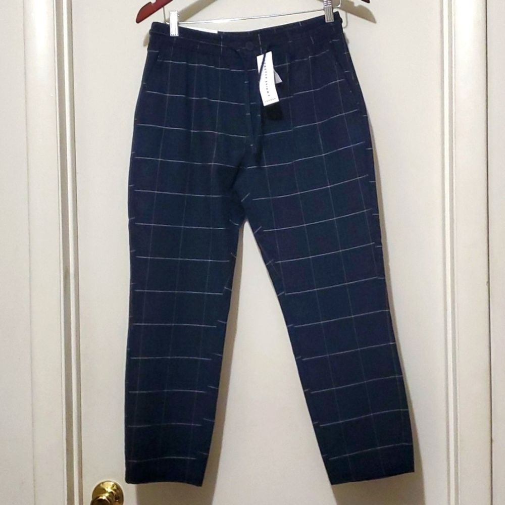 Topman Stretch Skinny Pants Mens W32 L30 Navy Blue Windowpane Plaid New with Tag